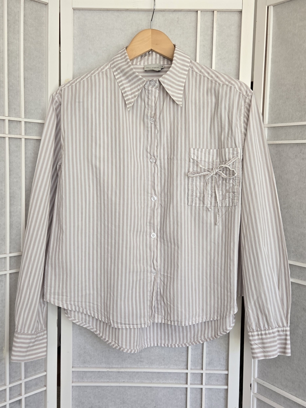 Striped Oversized  Long-Sleeve Dress Shirt with Pocket Bow